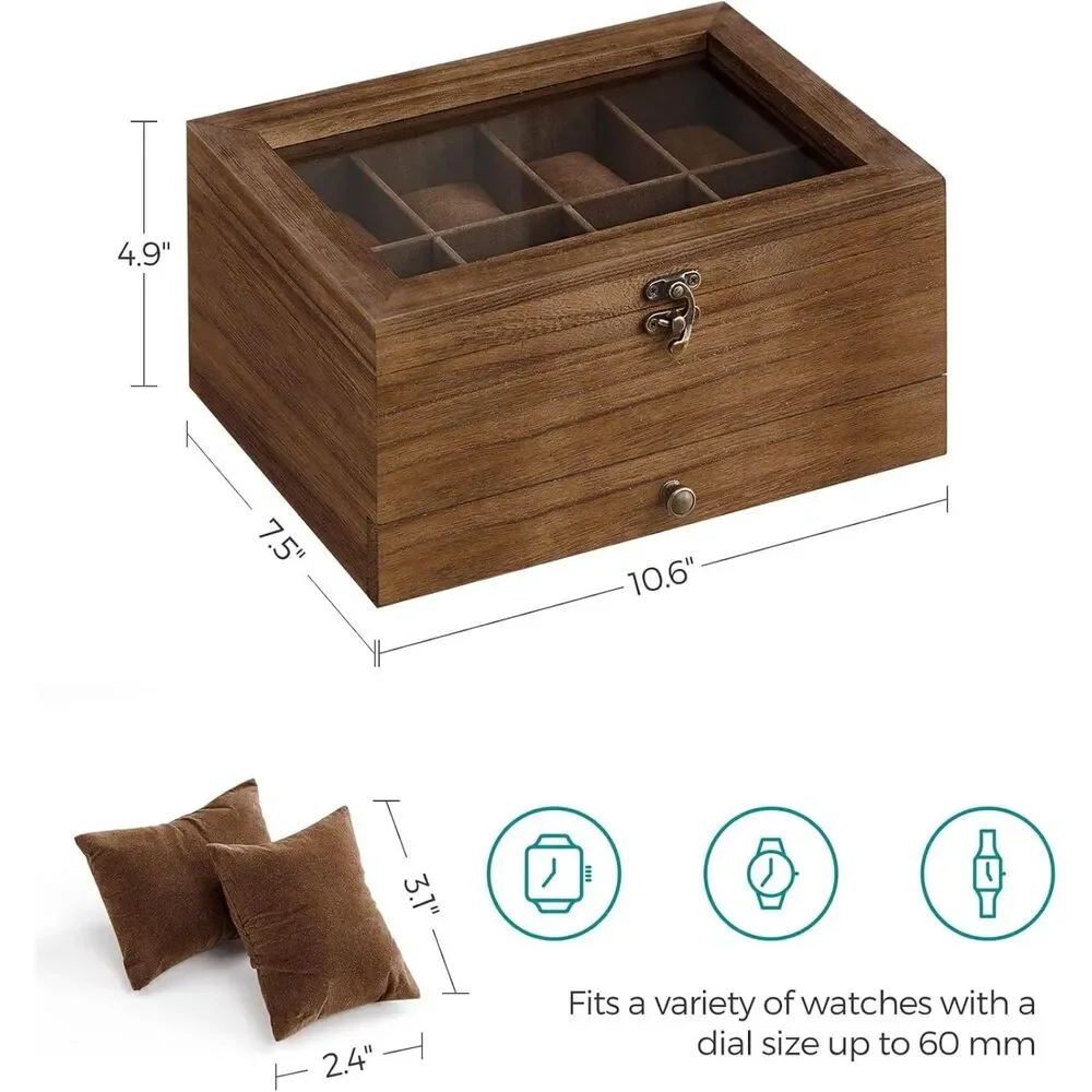 SONGMICS 8-Slot Wooden Watch Box with Valet Drawer - Glass Lid - NEW/Open Box
